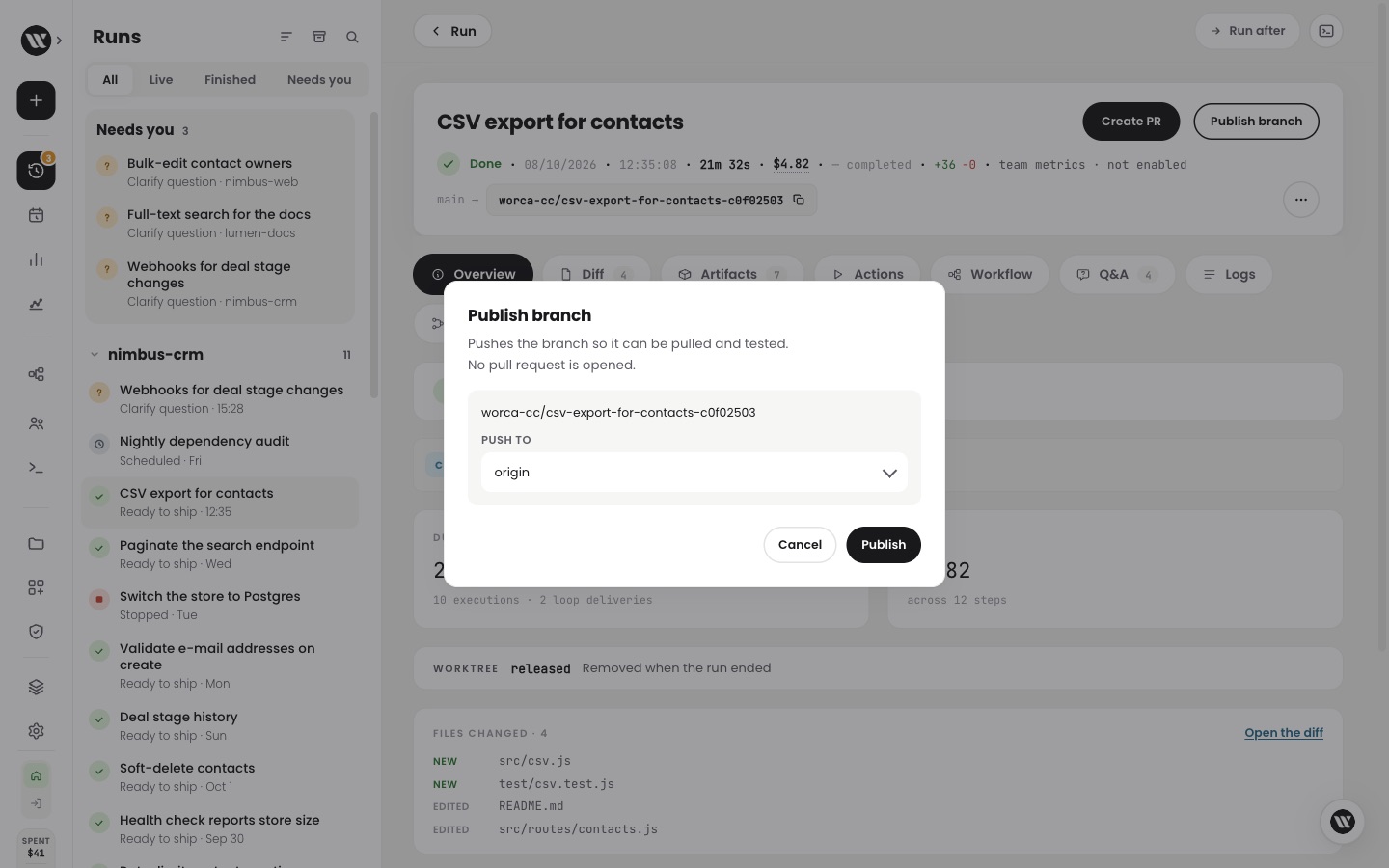 A finished run's page with Create PR and Publish branch in its header, and the Publish branch dialog open: the run's branch, Push to origin, Publish