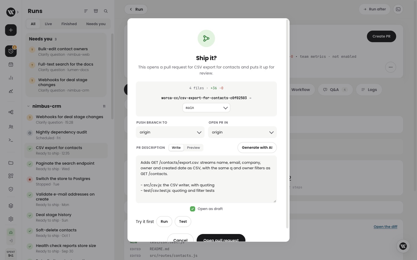 The Ship it dialog for the CSV export run: push to origin, open the PR in origin, a written description, and Open as draft ticked