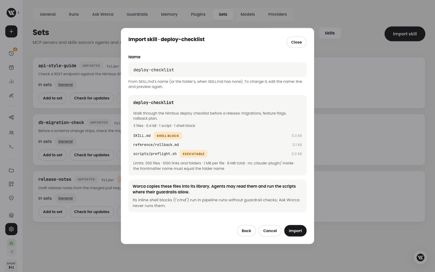 The Import skill preview for deploy-checklist: its name, three files with a shell block and an executable flagged, the limits, and the notice about what agents may run