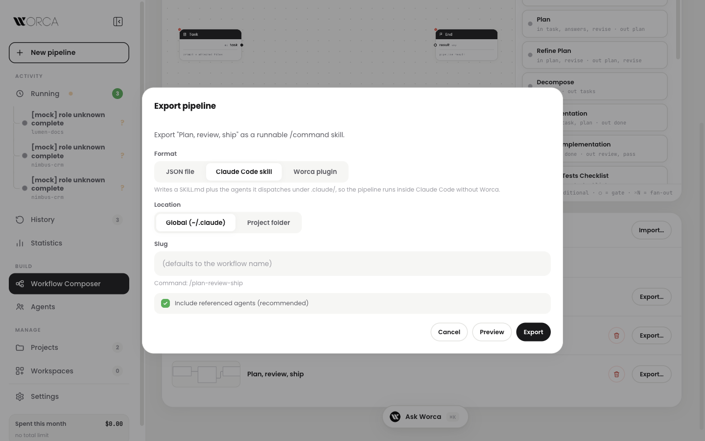 Composer — Export pipeline dialog with the Claude Code skill format selected