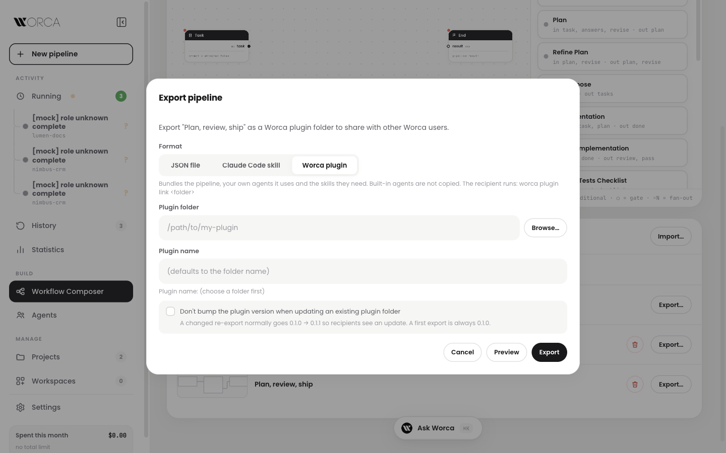 Export pipeline dialog — Worca plugin format with folder, name and version bump options