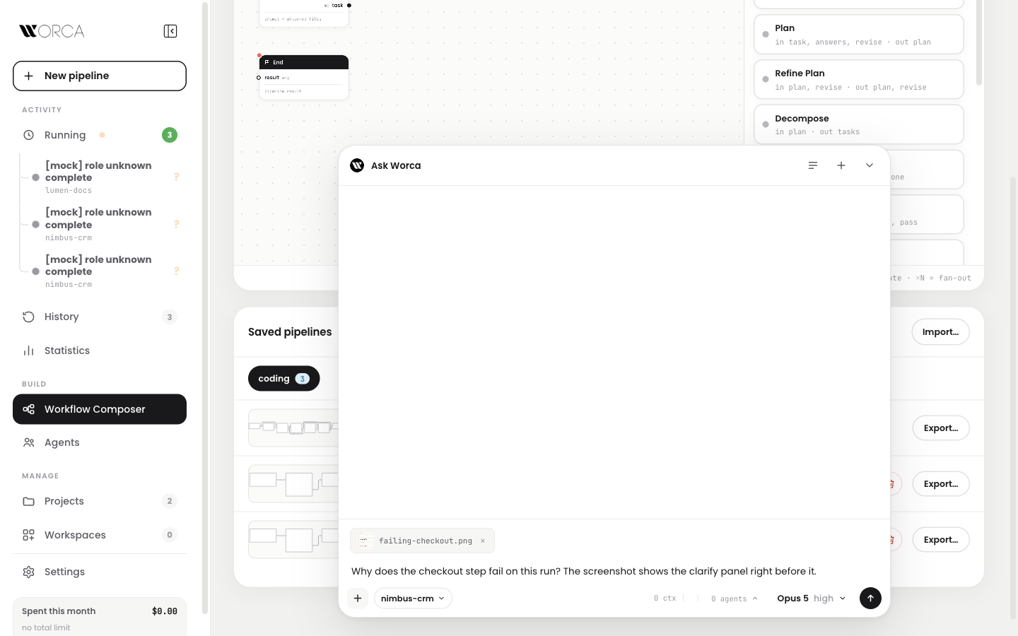 Ask Worca composer — a PNG attachment chip, the chat pinned to nimbus-crm, and the question