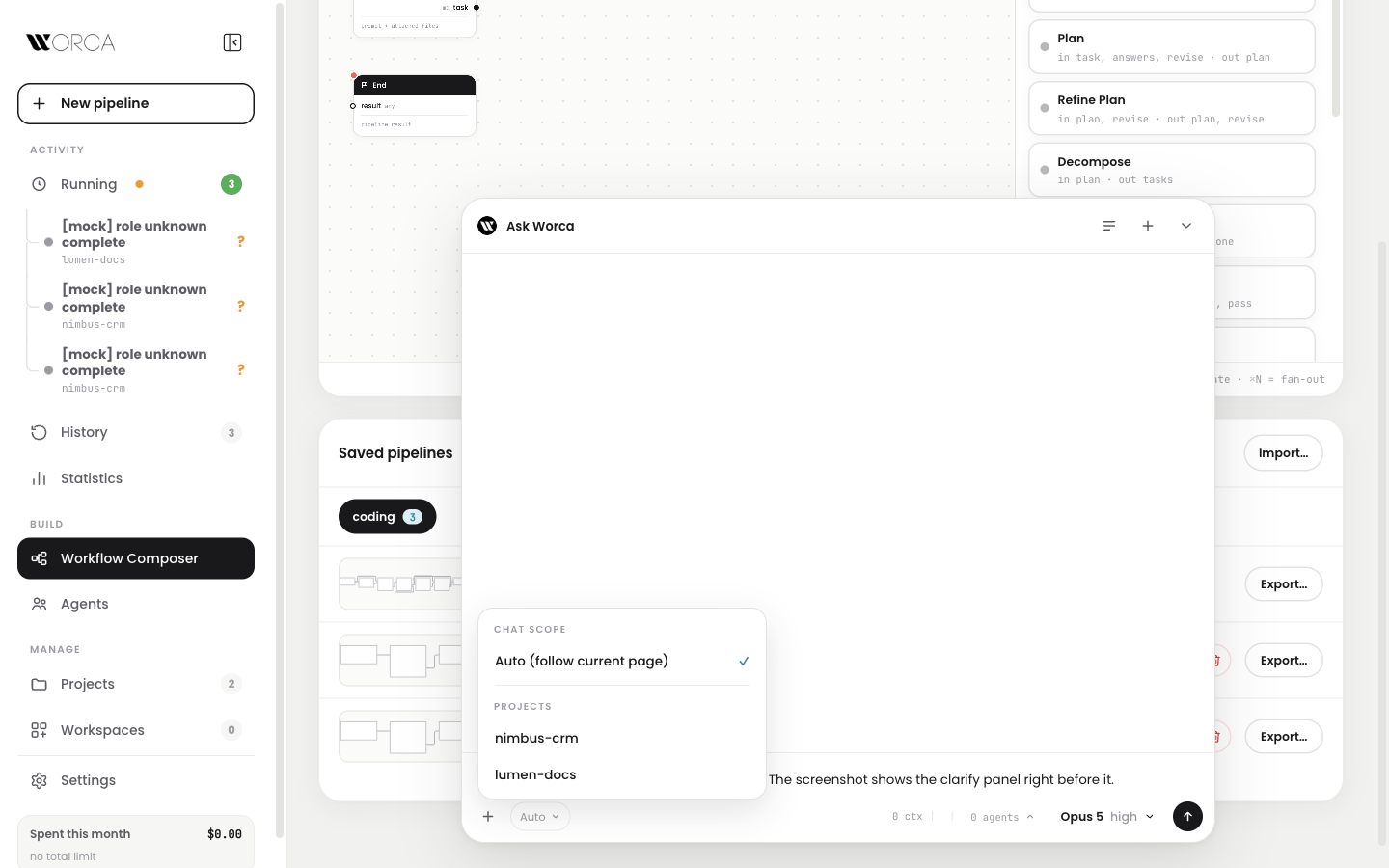 Ask Worca scope popover listing projects
