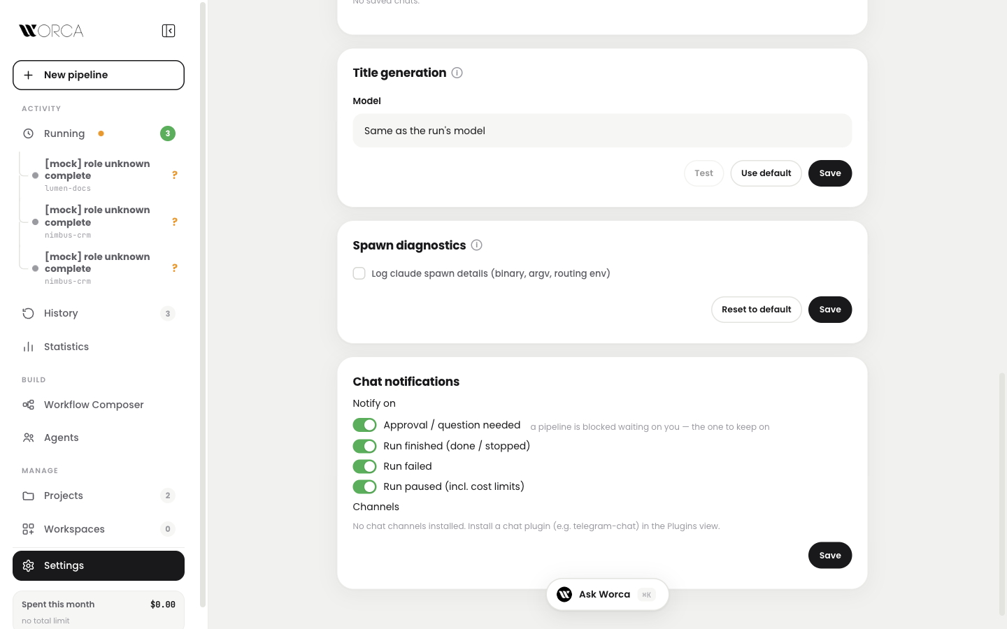 Settings — Title generation set to the run's model, and the Spawn diagnostics toggle
