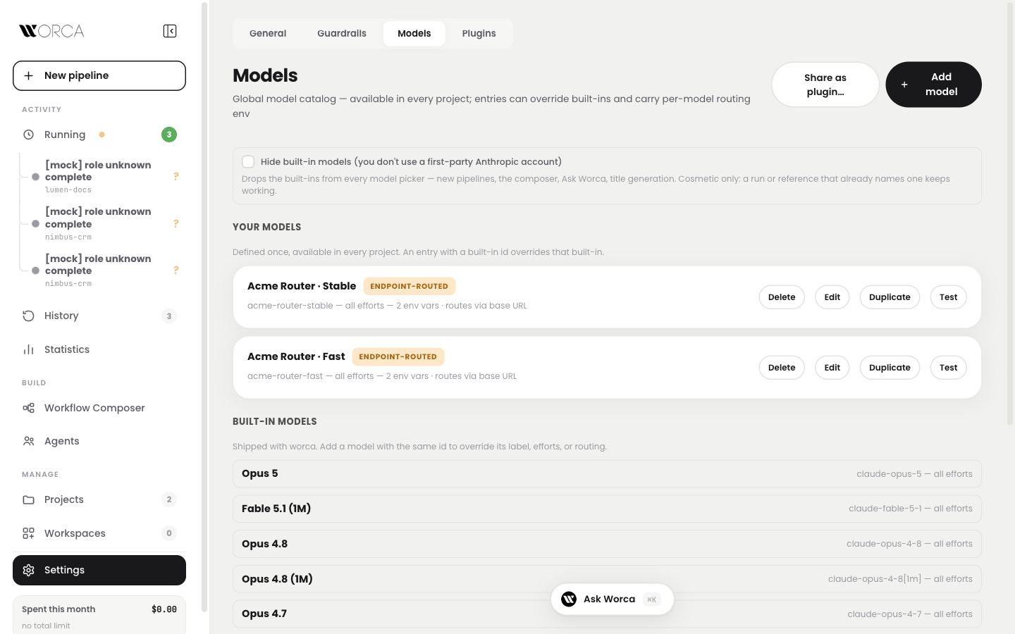 Models view — hide built-ins toggle, two endpoint-routed catalog entries, built-in list