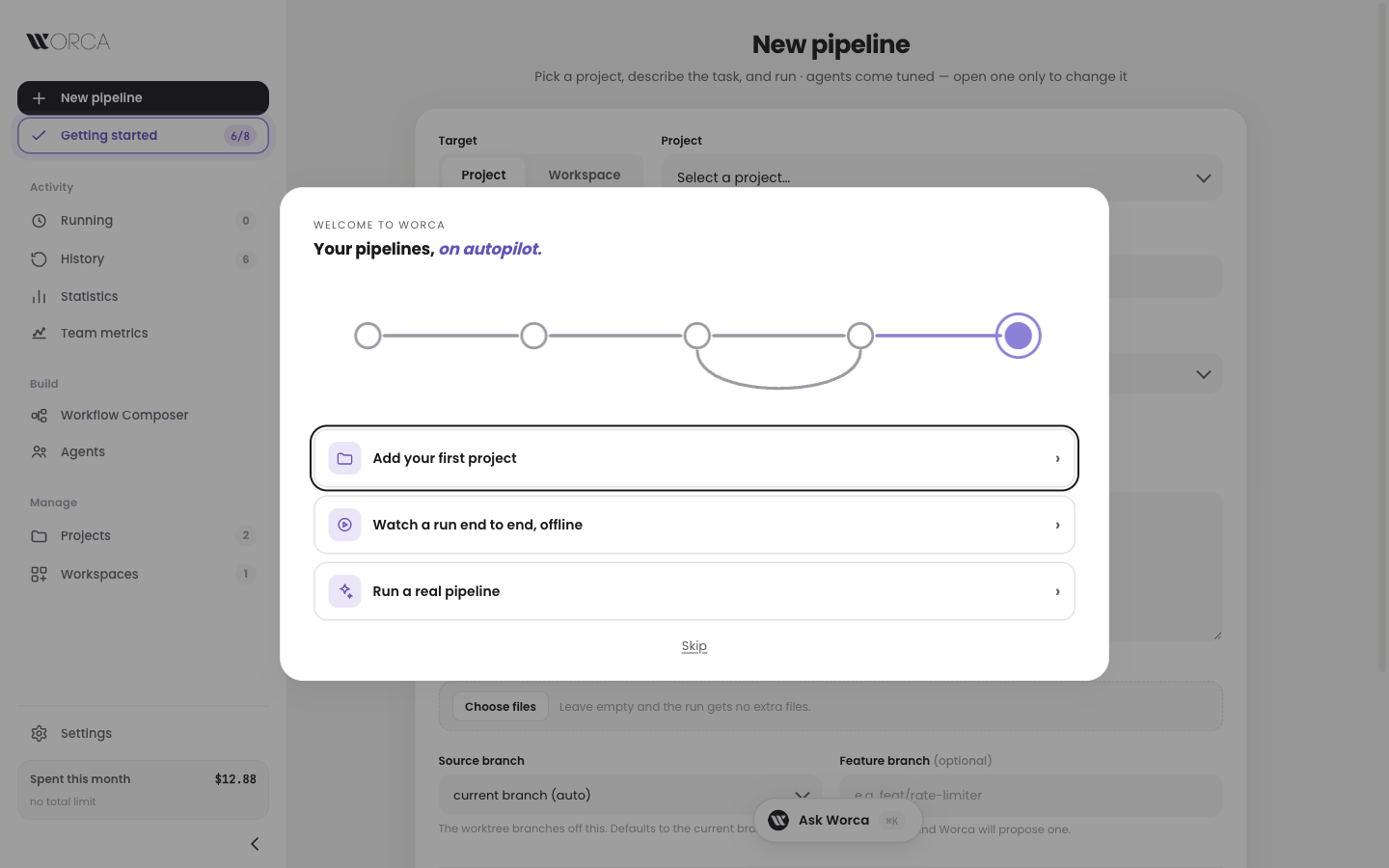New pipeline — the one-time welcome dialog with three doors, the Getting started pill at 6 of 8 in the sidebar