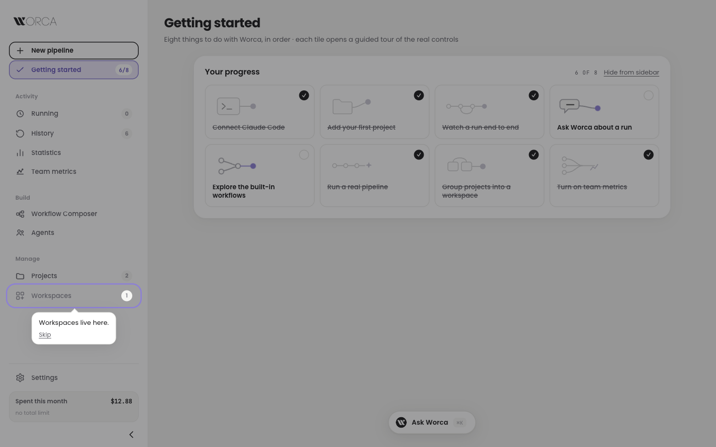 Getting started — six of eight tiles done; the guide for 'Group projects into a workspace' rings the Workspaces entry in the sidebar