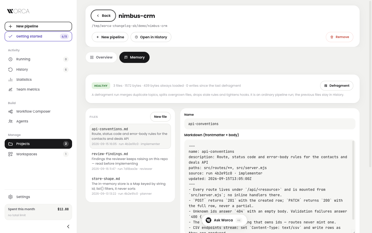 Project detail — Memory tab: health line, three files with their source run, and api-conventions.md open in the editor