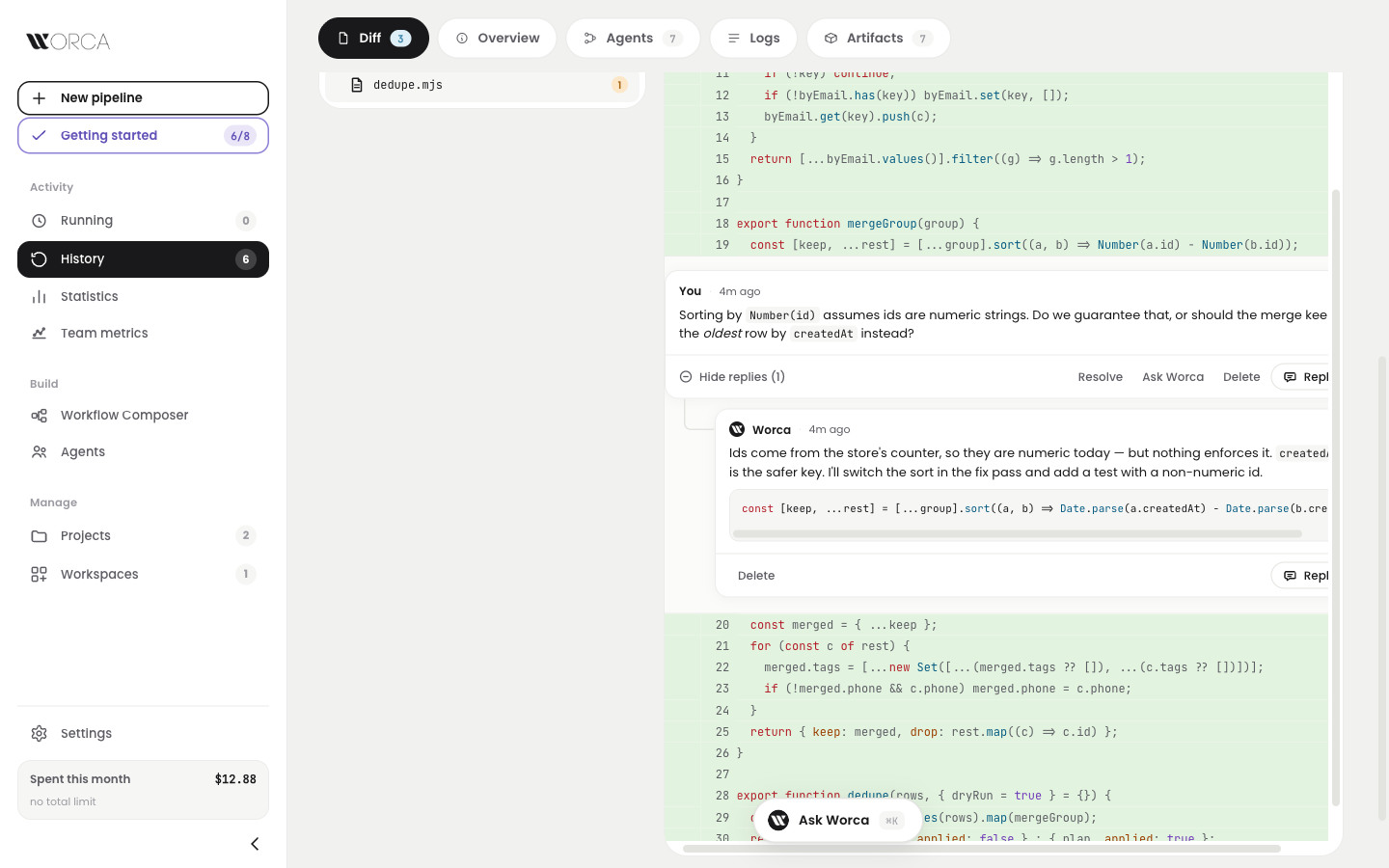 Diff tab — a thread under line 19 of dedupe.mjs: your question, then Worca's reply with a code block, both rendered as markdown