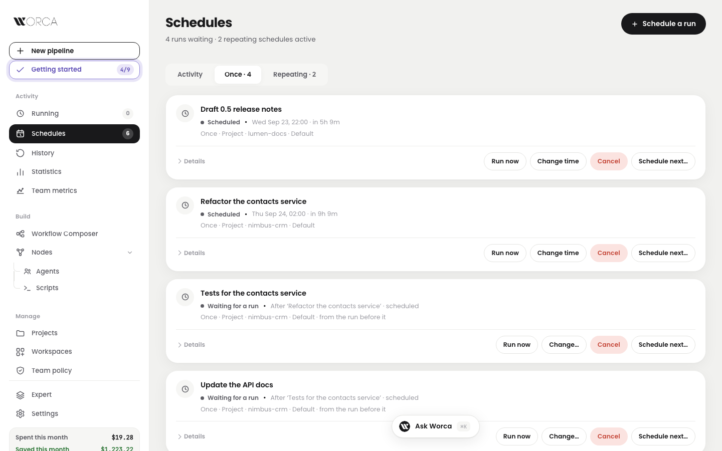 Schedules view, Once tab — two timed runs and a chain of two runs waiting for the one before