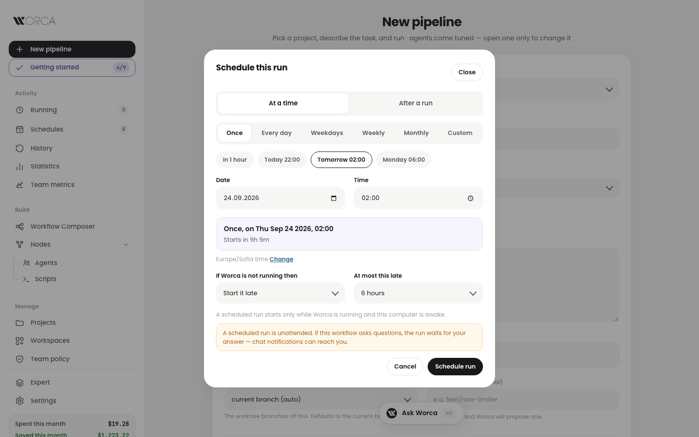 New pipeline — the Schedule this run sheet with once and repeating choices, quick picks and a start-time preview