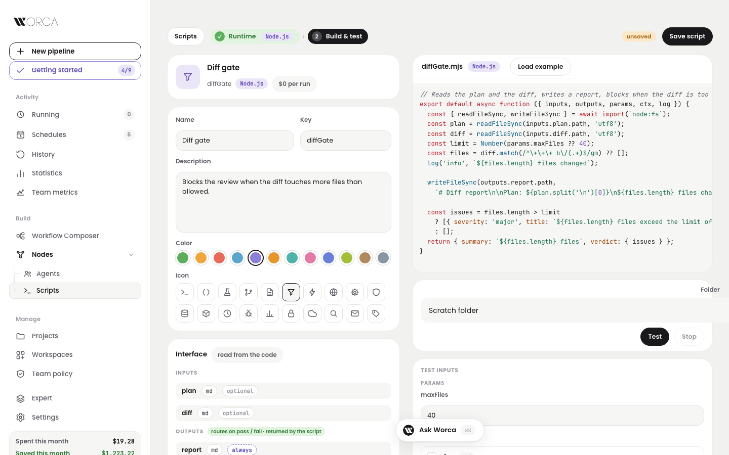 New script — Diff gate: name and icon, inputs and outputs read from the code, the editor and the test bench
