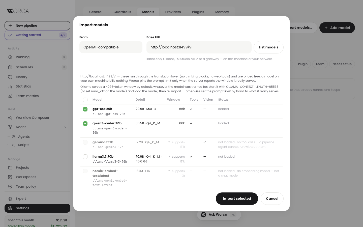 Import models dialog — models listed from a local Ollama server with their window, tools, vision and status