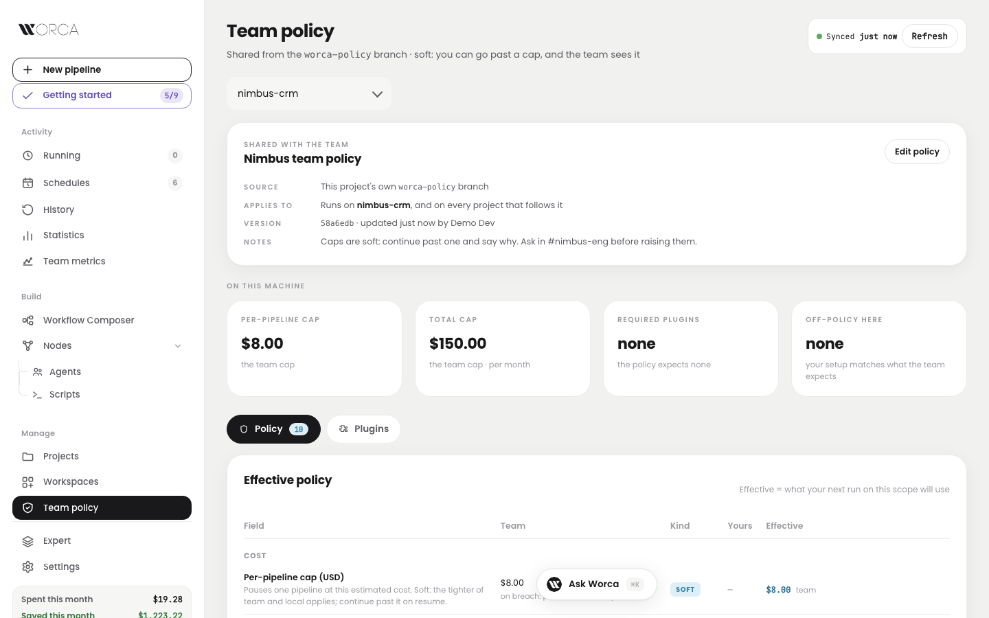 Team policy page — the published policy, the caps on this machine, and the effective policy table