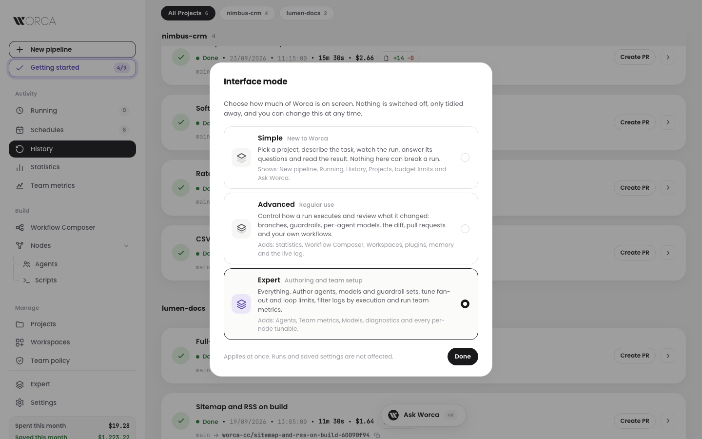 Interface mode dialog — Simple, Advanced and Expert, each described, Expert selected