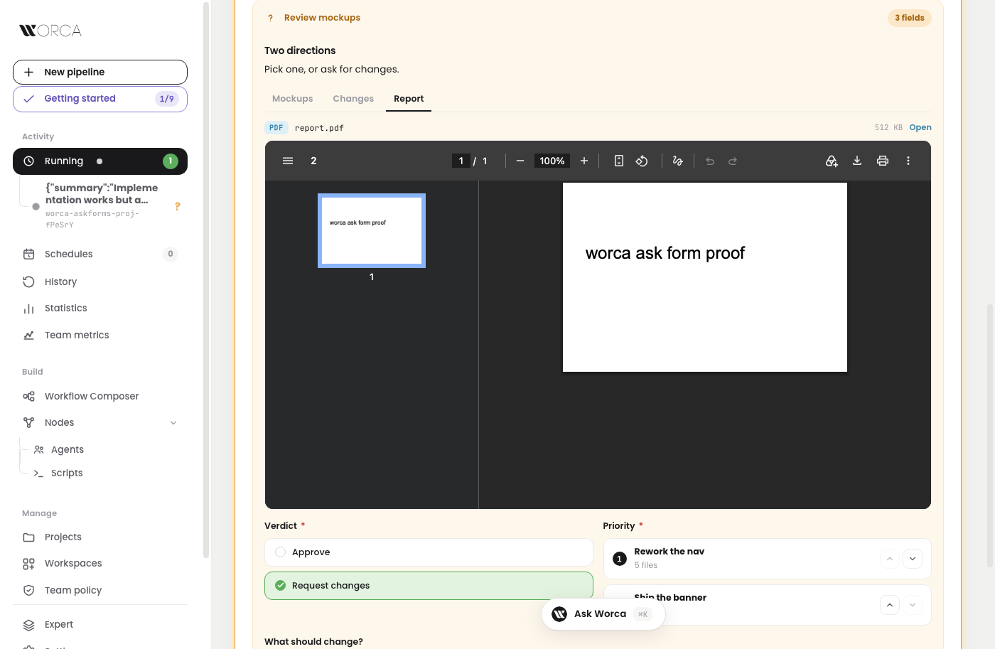 Ask form close-up — a verdict chosen in the form
