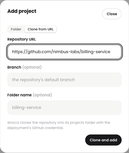 Add project dialog, Clone from URL tab, with a repository URL filled in