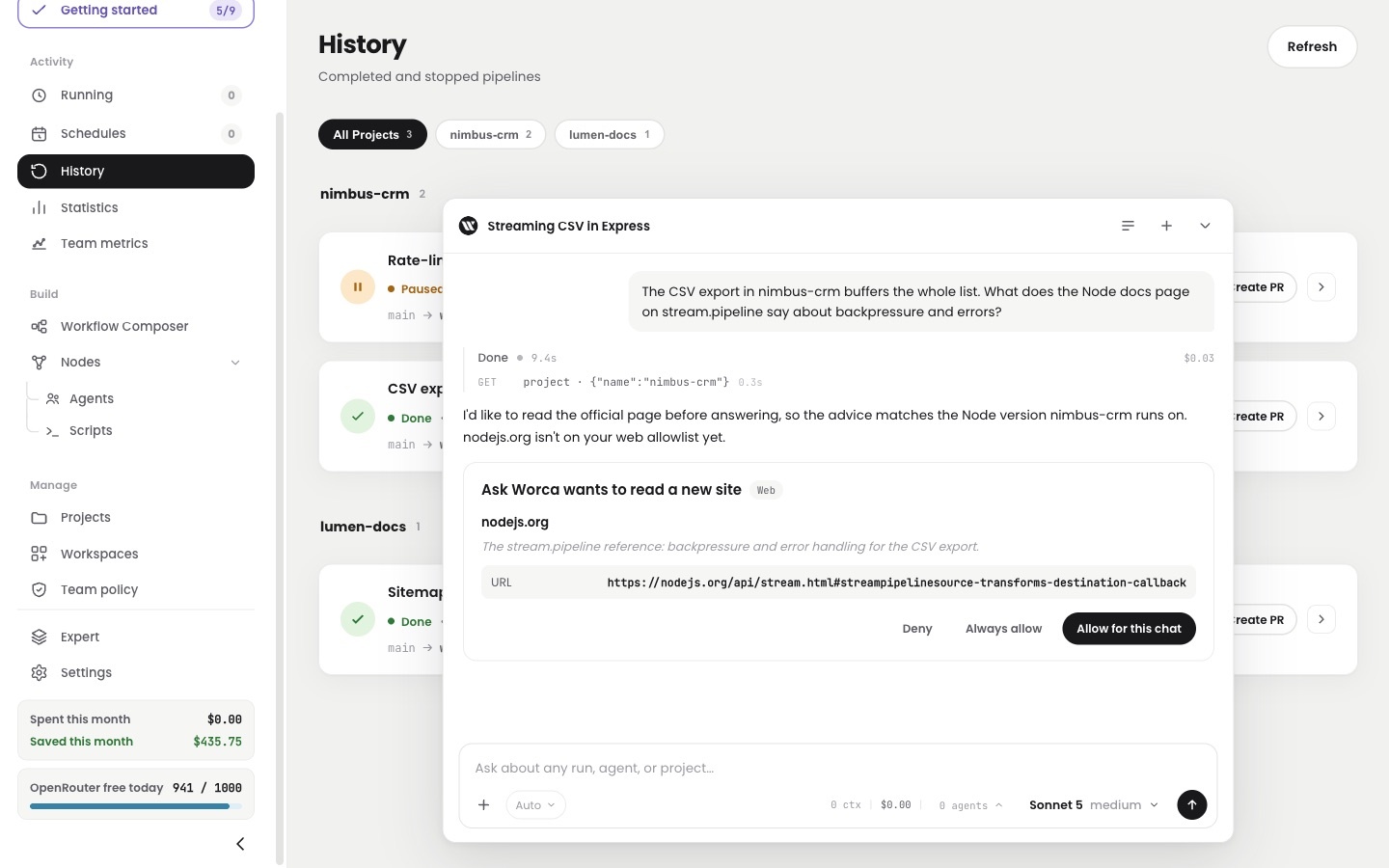 Ask Worca chat — a card asking to read nodejs.org, with the exact URL and Deny, Always allow and Allow for this chat