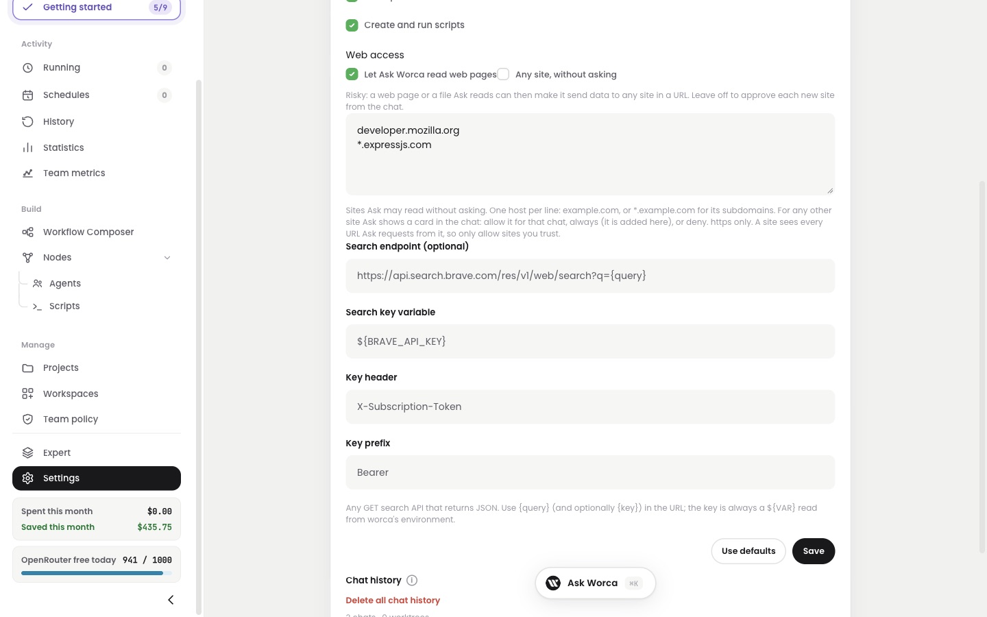 Settings, Ask Worca tab — Web access switched on, with two allowed sites and an optional search endpoint