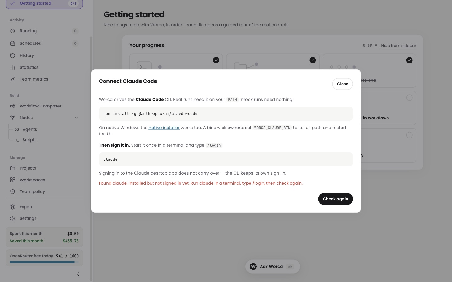 Connect Claude Code dialog — a new Then sign it in step, and a red line: installed but not signed in yet