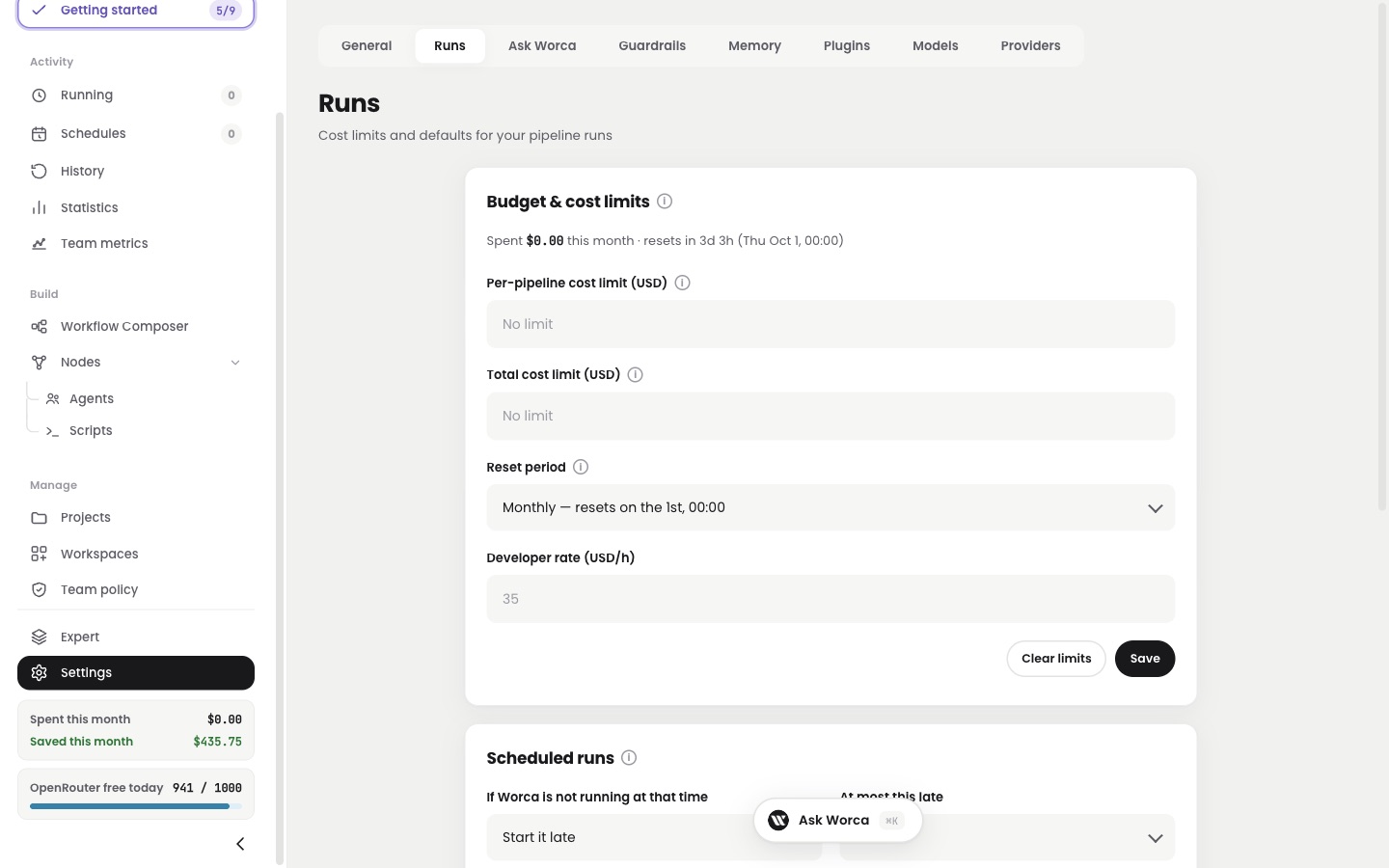 Settings, Runs tab — Budget and cost limits, under a tab strip from General to Providers