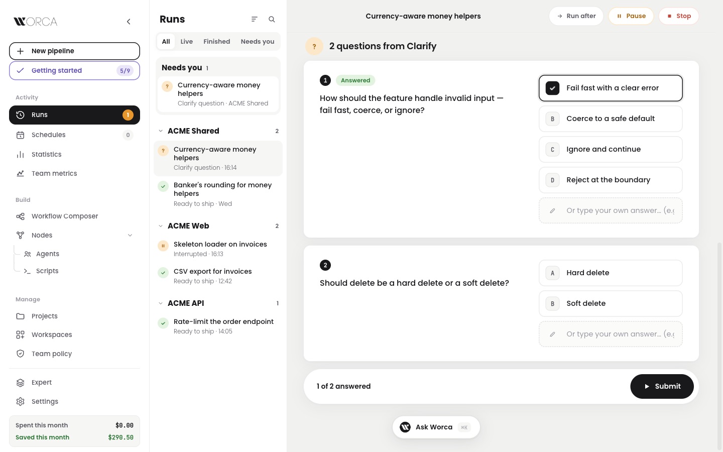 Runs view — the run list grouped under Needs you and by project, and a waiting run's two questions as cards, one answered