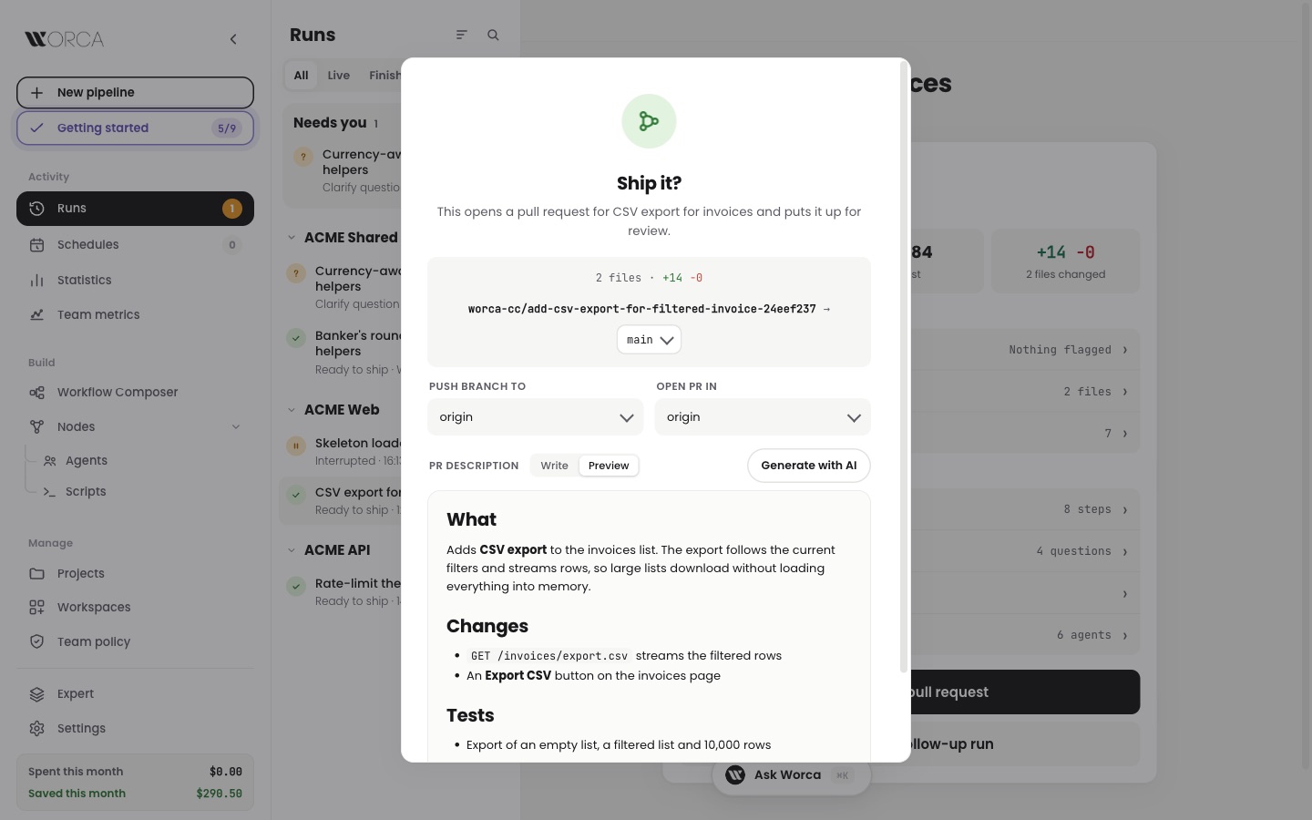Ship it dialog — branch and remotes, then a PR description in Preview with What, Changes and Tests sections