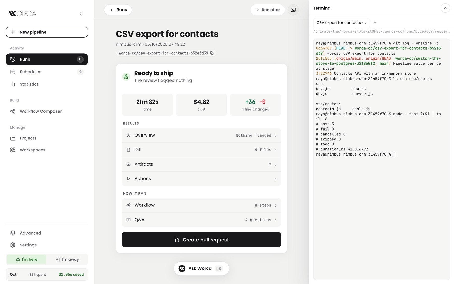 A finished run's page with the terminal pane open beside it — git log, the run's files and a passing node --test in the run's checkout