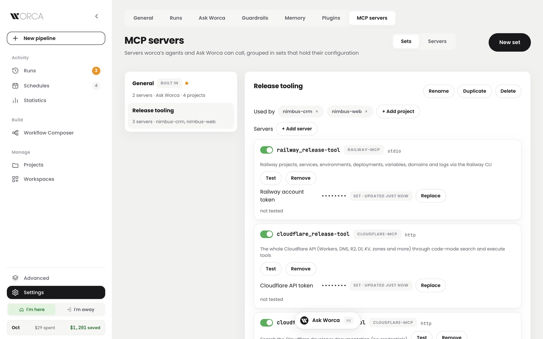 Settings, MCP servers — the Release tooling set used by two projects, with Railway and Cloudflare servers, their tokens hidden