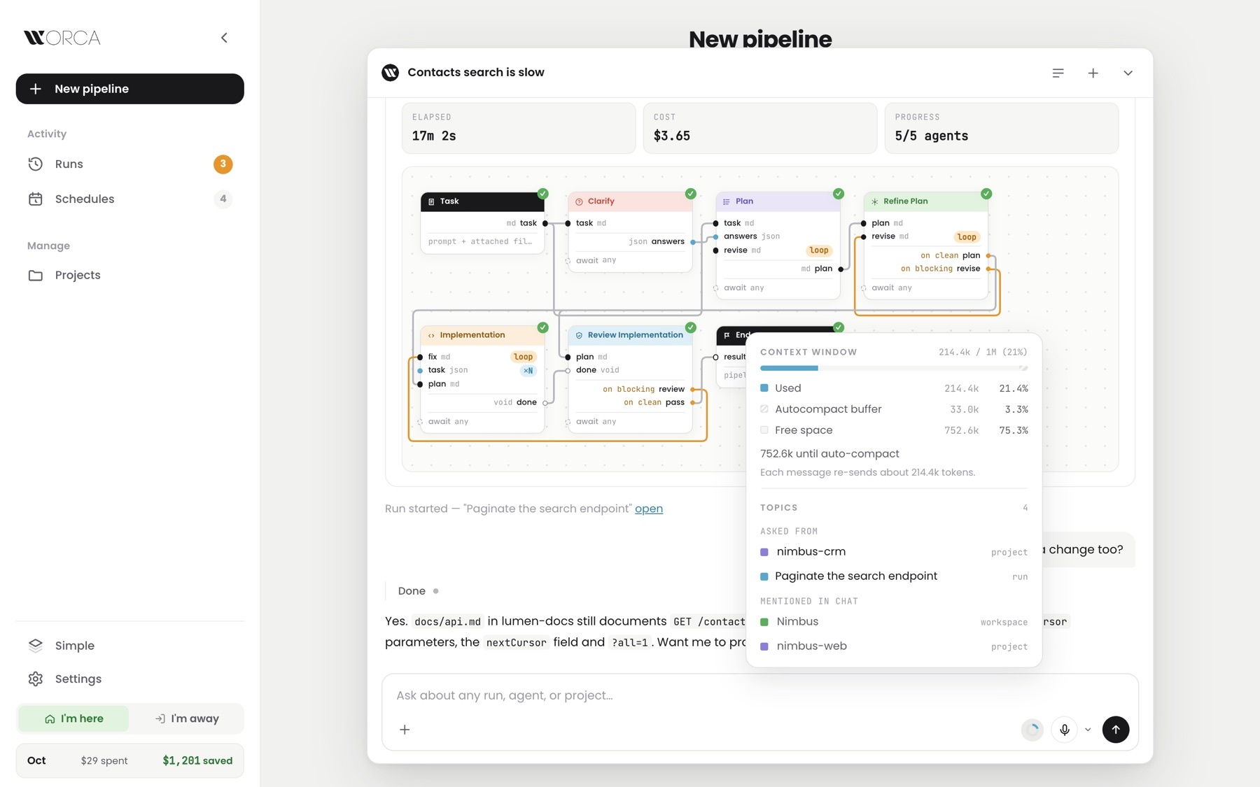 Ask Worca with the context popover open — 214.4k of 1M used, the autocompact buffer and free space, then the chat's topics: asked from nimbus-crm and a run, mentioned Nimbus and nimbus-web