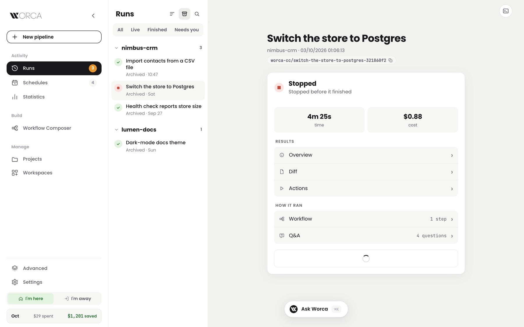 Runs page with the Archived filter on — four archived runs grouped by project, one open on the right