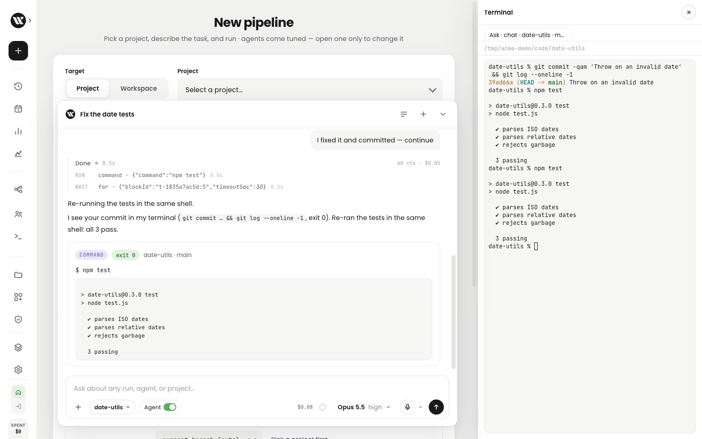 Ask Worca after the person fixed and committed in Ask's terminal tab: Ask re-ran npm test in the same shell, all 3 tests pass, and the terminal pane shows both the person's commit and Ask's run
