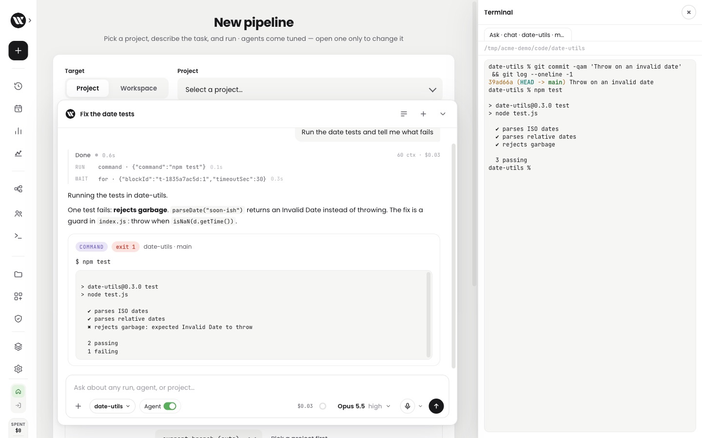 Ask Worca with Agent on: it ran npm test in date-utils, the command card shows exit 1 and the failing test, and Ask names the fix