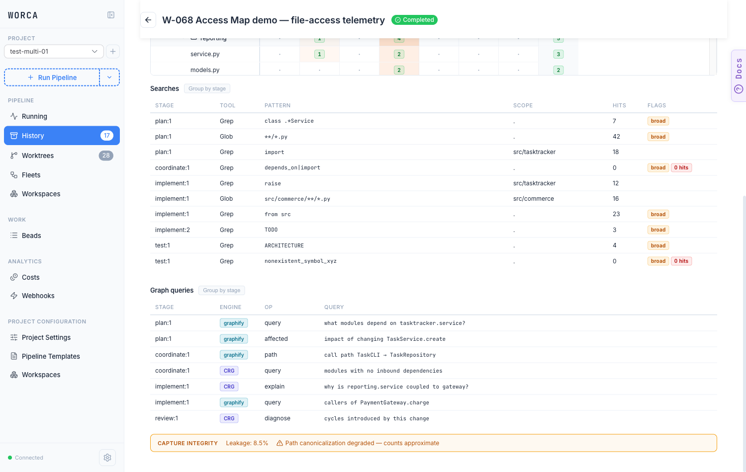 The Searches lane (lexical Grep/Glob with broad and zero-hit flags), the Graph queries lane (structural graphify / CRG lookups), and the capture-integrity strip.