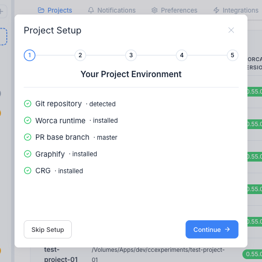 The Project Setup wizard's first step — the environment preflight, listing git, worca runtime, PR base branch, Graphify, and CRG.
