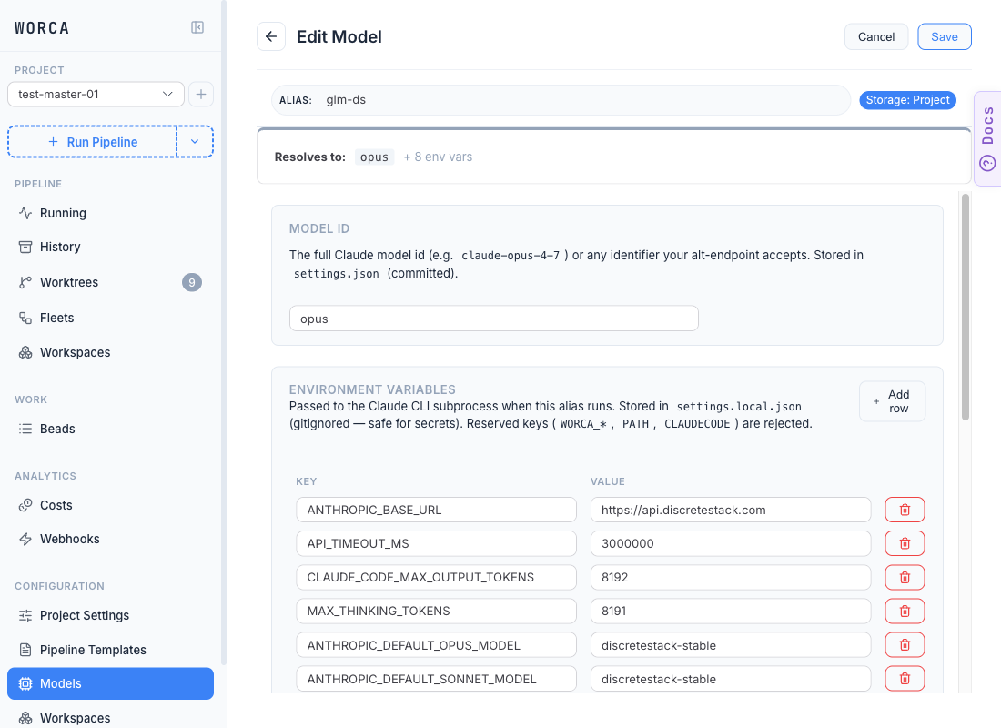 The Edit Model editor for the glm-ds alias: alias field, Storage badge (Project), model id opus, and the Environment variables table with ANTHROPIC_BASE_URL plus seven more rows for an alt-endpoint profile.