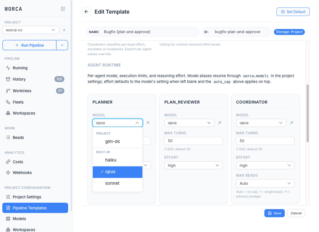 The Pipeline Templates editor's per-agent Model dropdown open, showing PROJECT and BUILT-IN section headers and the small ↗ jump-to-Models link next to each agent's model field.