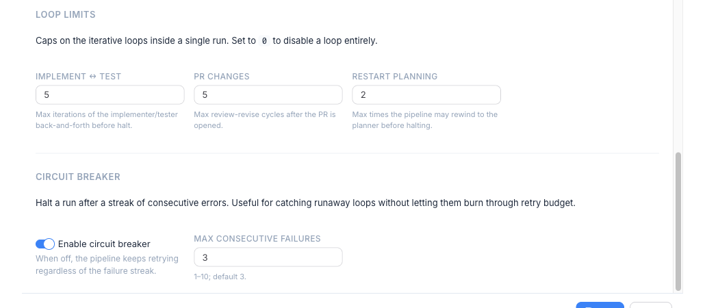 The template editor's Pipeline tab: Loop Limits and Circuit Breaker controls — per-loop max iterations and the failure-streak threshold.