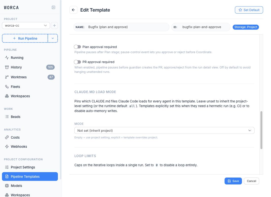 The Pipeline Templates editor's CLAUDE.md Load Mode section: a single Mode dropdown with the "Not set (inherit project)" passthrough as the default, plus the explanatory paragraph above it.