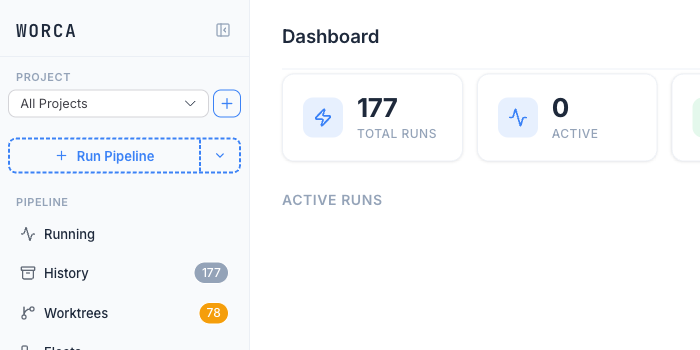 The dashboard on first launch: the empty global view with the sidebar project picker and the + add-project button.
