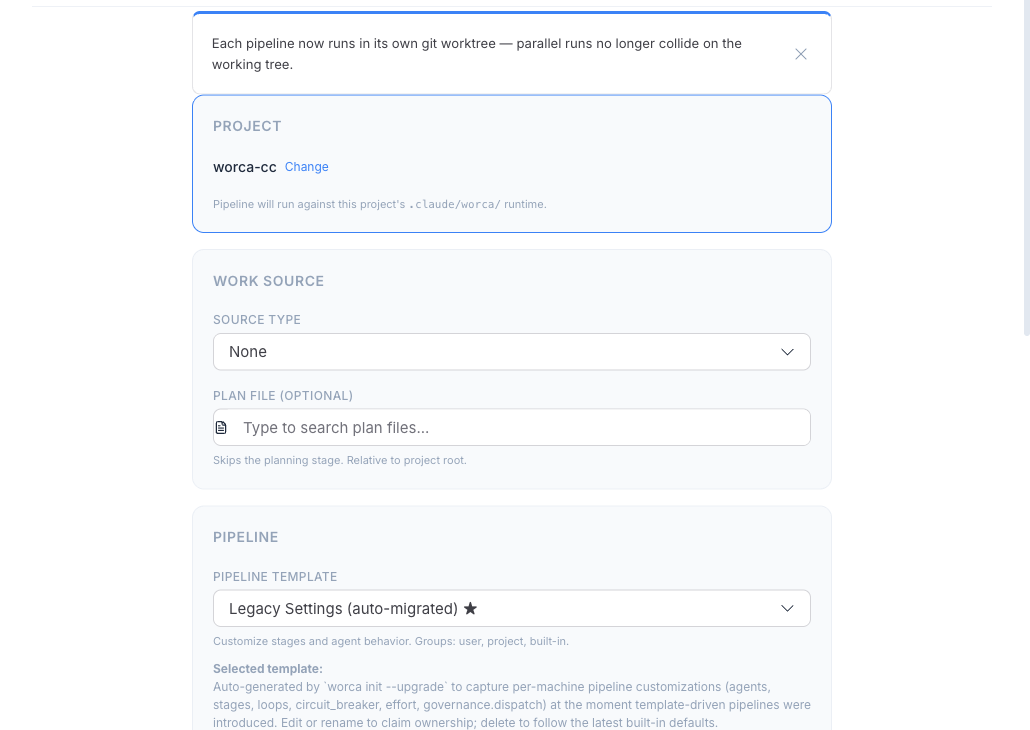 The Run Pipeline launcher: the source selector (prompt / issue / spec) and the prompt field.