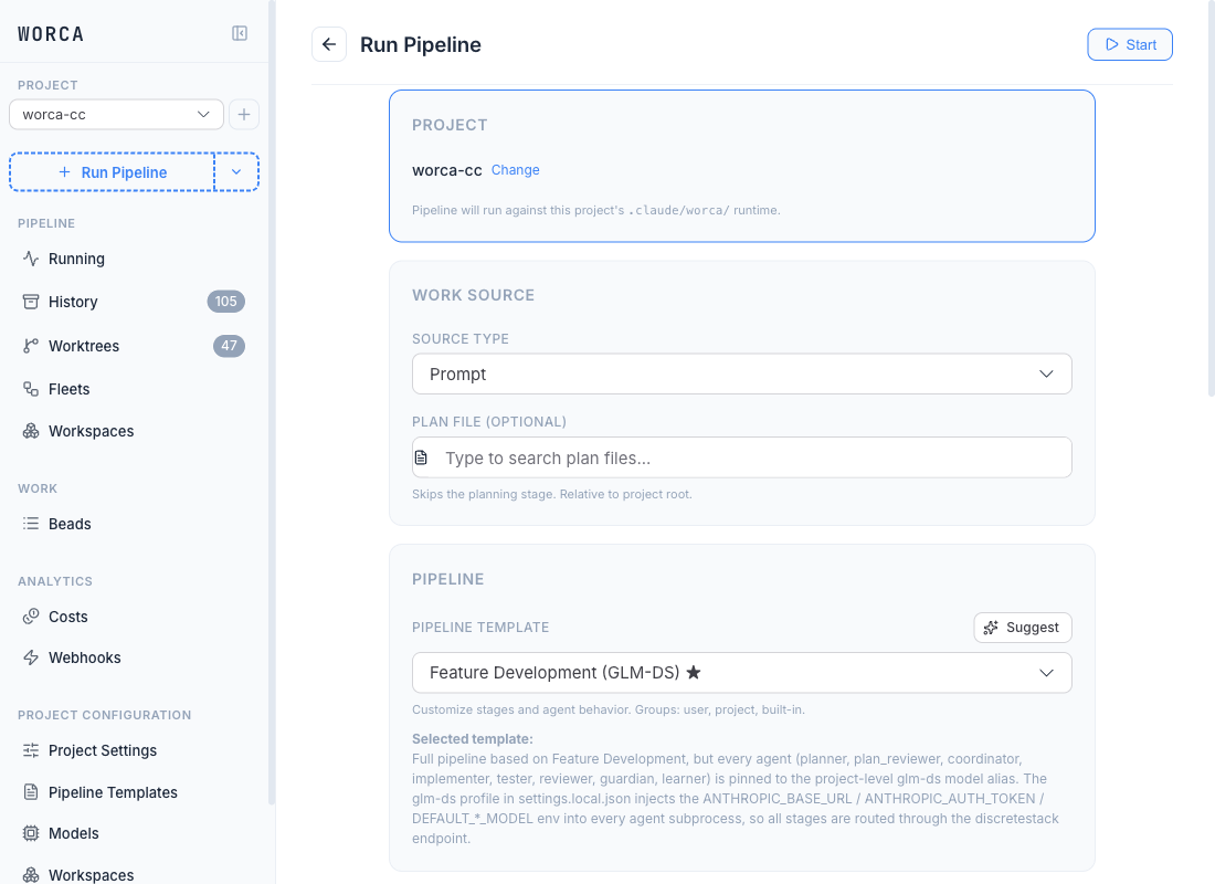 The Run Pipeline launcher with the Suggest button visible next to the PIPELINE TEMPLATE dropdown.