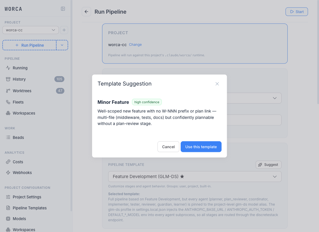 The advisor result dialog showing the recommended template "Minor Feature" with a green "high confidence" badge and a rationale paragraph, plus Cancel and "Use this template" buttons.