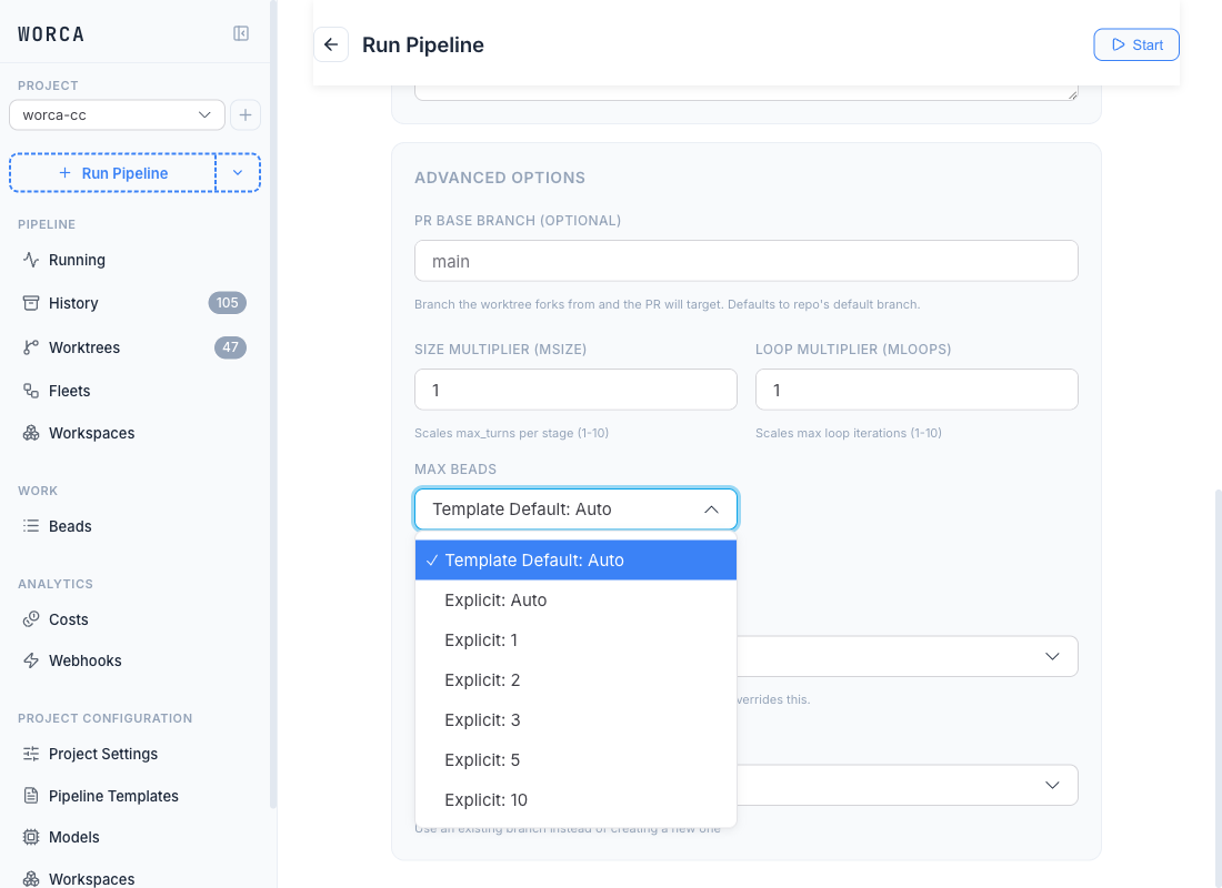 The Max Beads dropdown open with the Template Default: Auto option selected (checkmark) above the Explicit: Auto / 1 / 2 / 3 / 5 / 10 entries.