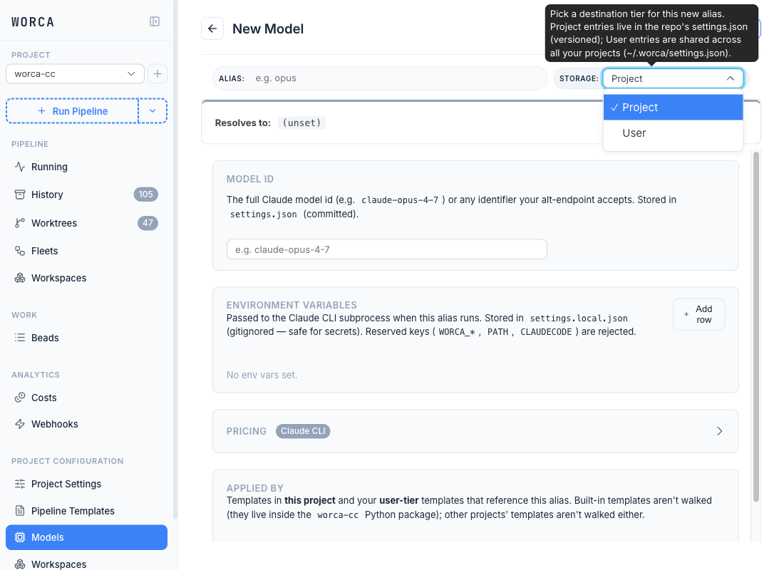 The New Model editor with the Storage tier picker open — Project (selected) or User — and the alias / id / env / pricing / Applied-by sections beneath.