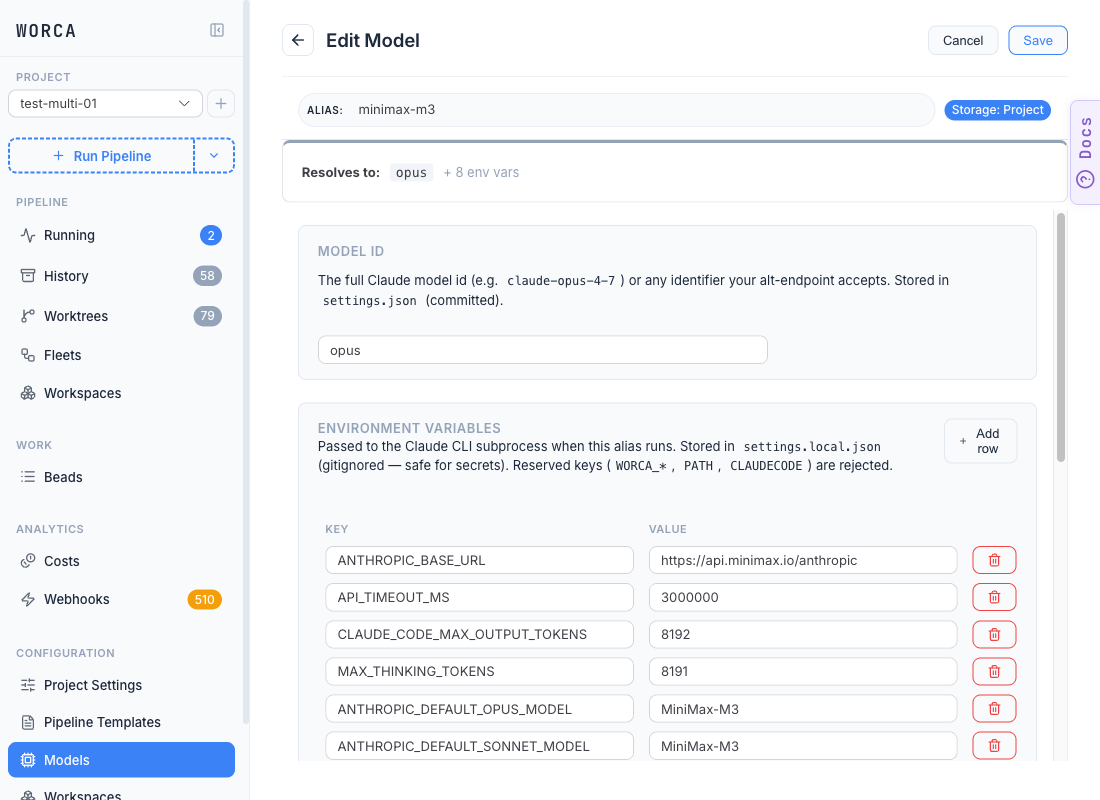 The Edit Model editor for the minimax-m3 alias: ALIAS field reads "minimax-m3", Storage badge "Project", "Resolves to: opus + 8 env vars" summary, MODEL ID field set to opus, and the Environment variables table with ANTHROPIC_BASE_URL set to https://api.minimax.io/anthropic, plus API_TIMEOUT_MS (3000000), CLAUDE_CODE_MAX_OUTPUT_TOKENS (8192), MAX_THINKING_TOKENS (8191), ANTHROPIC_DEFAULT_OPUS_MODEL (MiniMax-M3), and ANTHROPIC_DEFAULT_SONNET_MODEL (MiniMax-M3) rows.