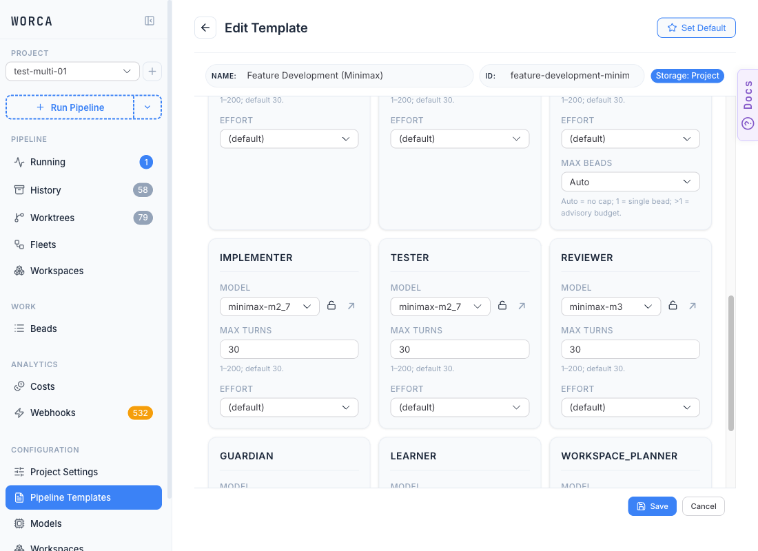 Agent cards on the Agents tab for the MiniMax template. Top row partially visible: three agents with EFFORT (default) and a MAX BEADS field set to Auto on the rightmost (coordinator). Bottom row: IMPLEMENTER (MODEL minimax-m2_7, EFFORT (default)), TESTER (MODEL minimax-m2_7, EFFORT (default)), REVIEWER (MODEL minimax-m3, EFFORT (default)). Below that, GUARDIAN / LEARNER / WORKSPACE_PLANNER cards begin.