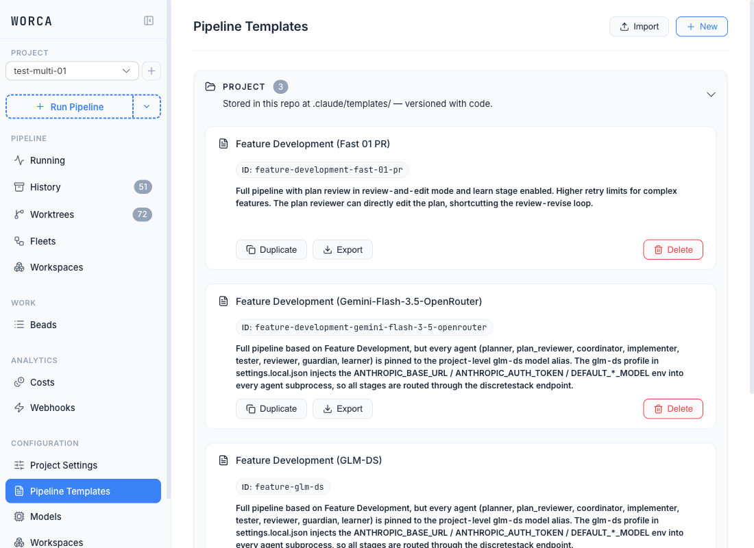The sidebar's Configuration group with Project Settings and Pipeline Templates visible, the latter open showing the three tier sections.