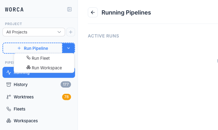 The Run Pipeline split-button in the sidebar, expanded to show Run Fleet and Run Workspace.