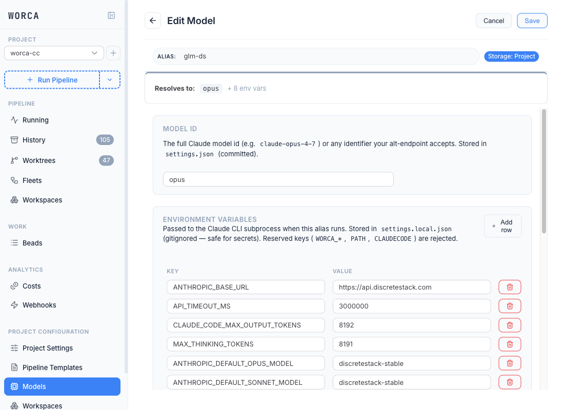 The Model Editor showing the alias id field (writes to settings.json) and the Environment variables table beneath it (writes to settings.local.json). Each row carries a key/value pair with a delete button.